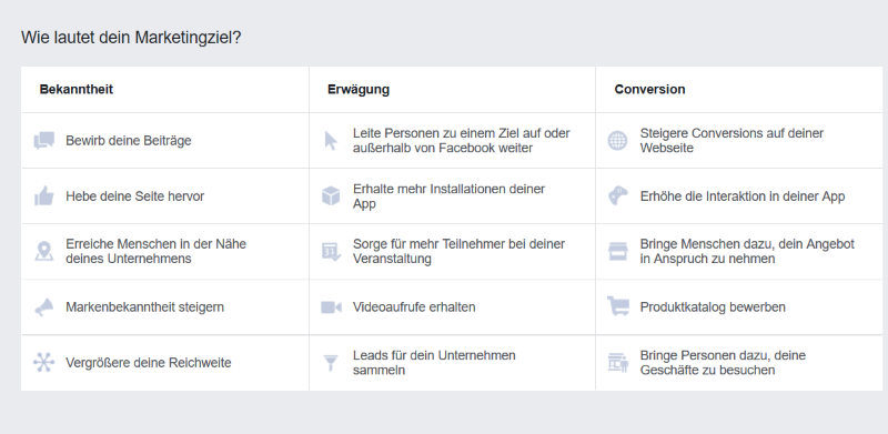 Marketingziele bei Facebook-Anzeigen