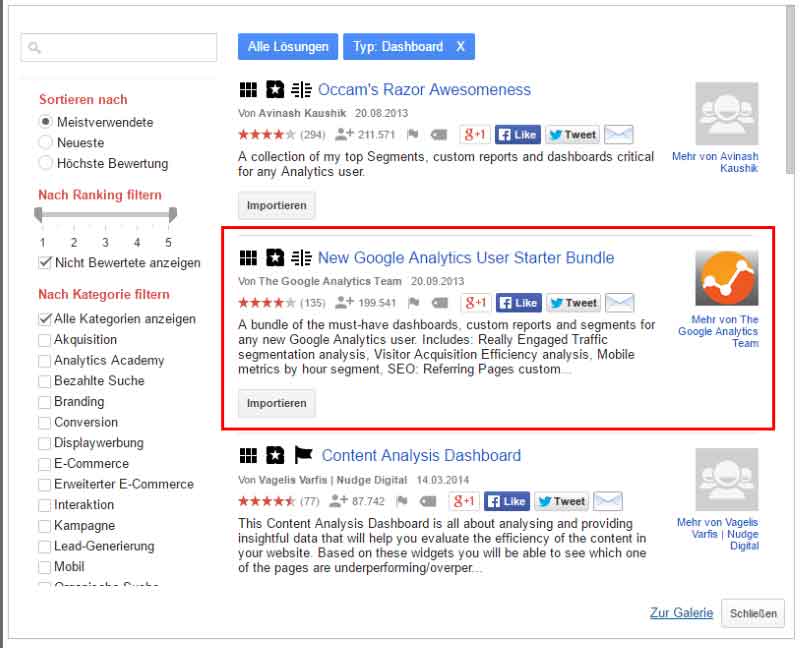 Die Lösungsgalerie in Google Analytics
