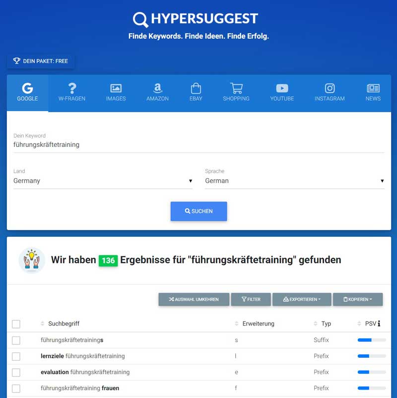 Das Keyword-Recherche-Tool Hypersuggest bietet zahlreiche Recherchemöglichkeiten