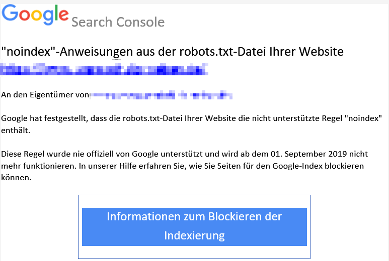 Mail von Google bezüglich der Verwendung des no-index-Tags in der robots.txt
