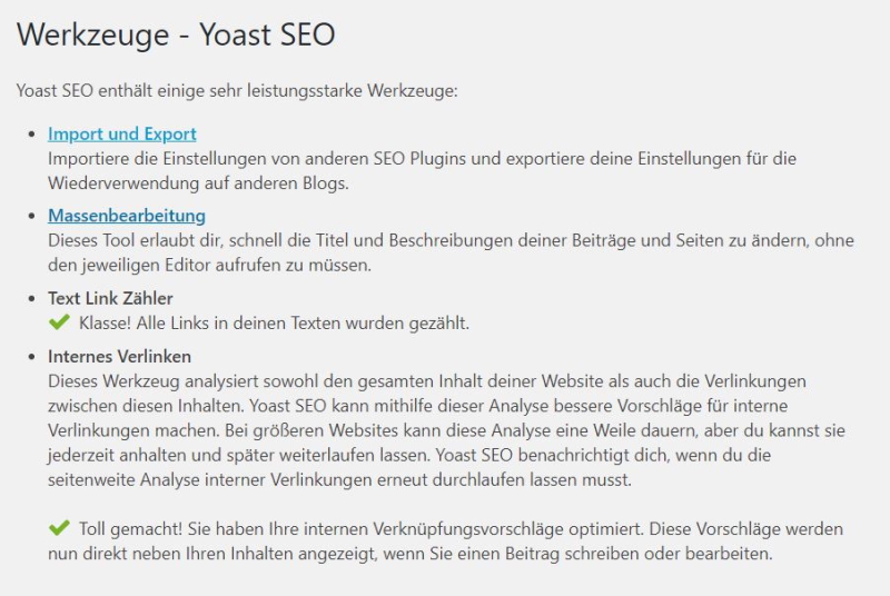 Yoast SEO-Plugin Premium - der Menüpunkt Werkzeuge